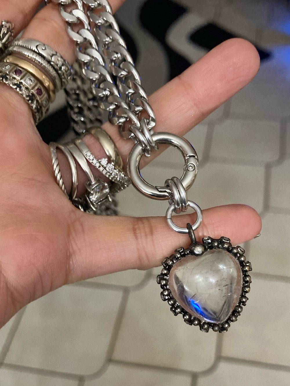 Genuine clear crystal quartz heart on cuban chain choker silver necklace - Picture 6 of 14